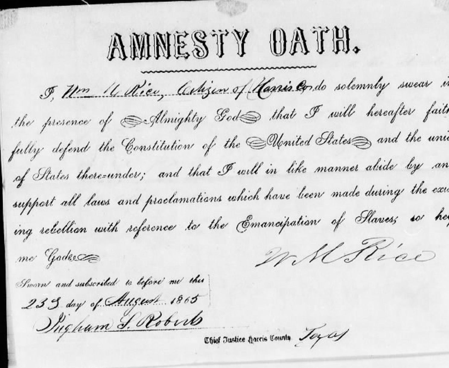 William Marsh Rice's Amnesty Oath