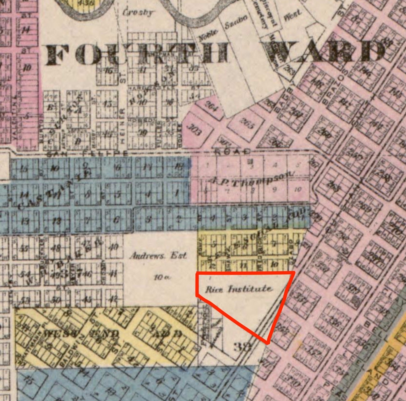 Clipping from 1895 map showing Rice Institute property in the Fourth Ward